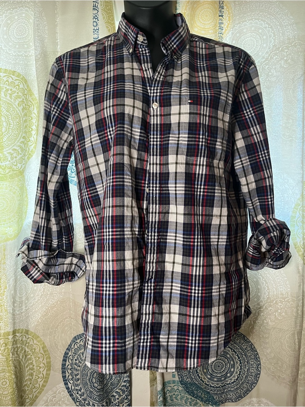 Tommy Hilfiger Plaid Button-Down Shirt in Navy, White & Red
